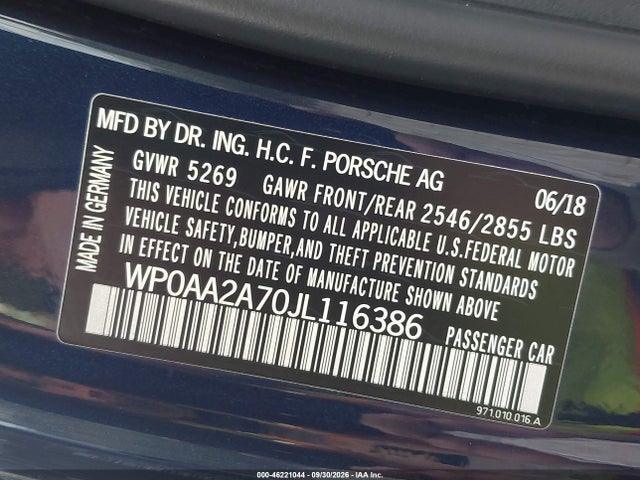 46221044 :رقم المزاد ، WP0AA2A70JL116386 vin ، 2018 Porsche Panamera 4 مزاد بيع