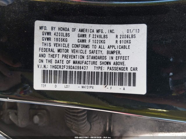 46221061 :رقم المزاد ، 1HGCR2F39DA096437 vin ، 2013 Honda Accord Lx مزاد بيع
