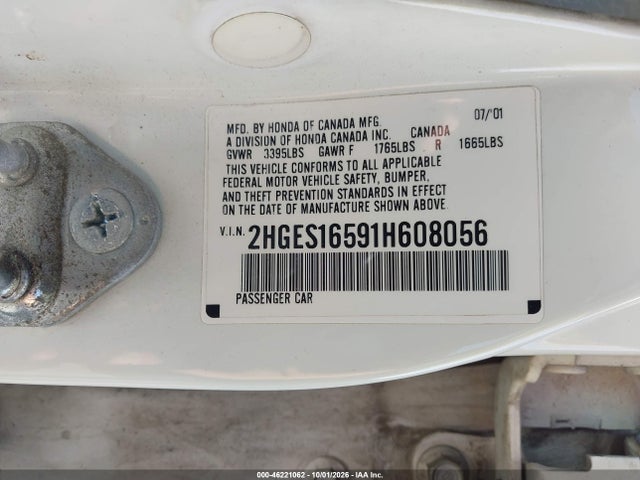 Aukcja sprzedaży 2001 Honda Civic Lx, vin: 2HGES16591H608056, numer aukcji: 46221062
