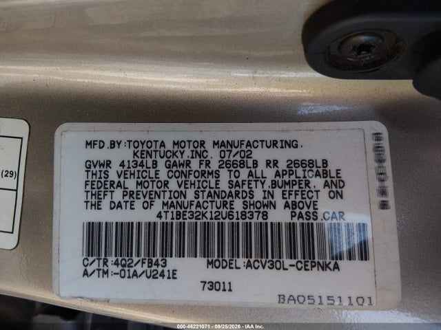 2002 Toyota Camry Le მანქანა იყიდება აუქციონზე, vin: 4T1BE32K12U618378, აუქციონის ნომერი: 46221071
