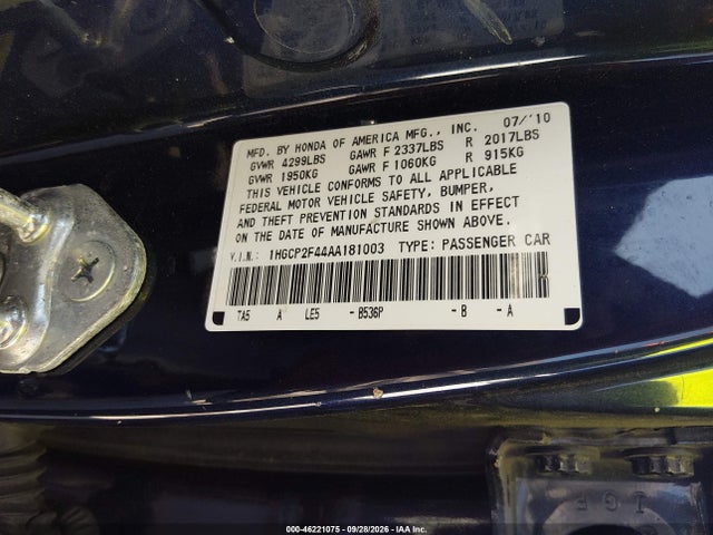 46221075 :رقم المزاد ، 1HGCP2F44AA181003 vin ، 2010 Honda Accord 2.4 Lx-p مزاد بيع