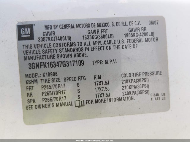46221086 :رقم المزاد ، 3GNFK16347G317109 vin ، 2007 Chevrolet Suburban 1500 Lt مزاد بيع