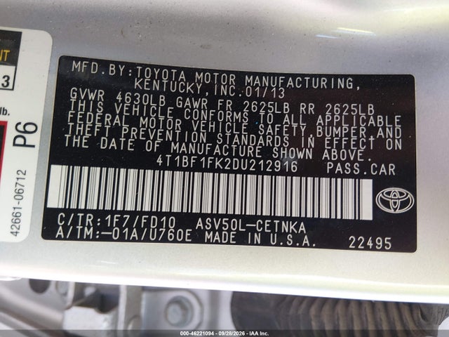 2013 Toyota Camry Le მანქანა იყიდება აუქციონზე, vin: 4T1BF1FK2DU212916, აუქციონის ნომერი: 46221094
