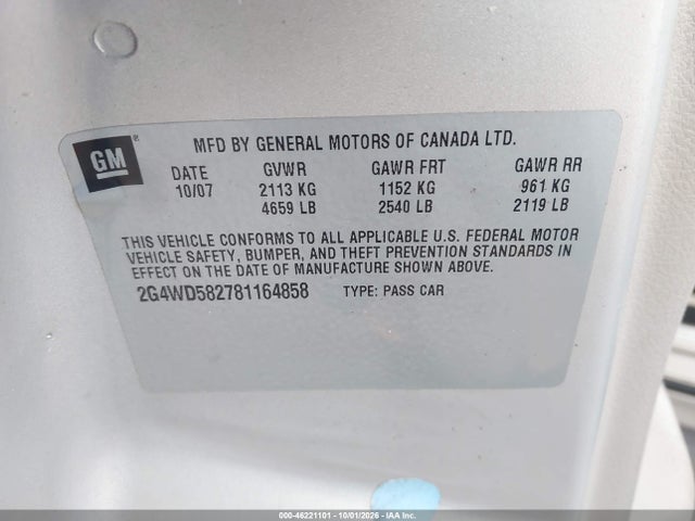 2008 Buick Lacrosse Cxl მანქანა იყიდება აუქციონზე, vin: 2G4WD582781164858, აუქციონის ნომერი: 46221101
