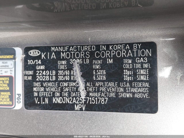 46221106 :رقم المزاد ، KNDJN2A25F7151787 vin ، 2015 Kia Soul مزاد بيع