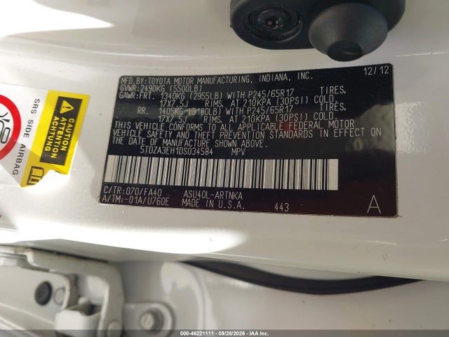 46221111 :رقم المزاد ، 5TDZA3EH1DS034584 vin ، 2013 Toyota Highlander Base Plus مزاد بيع