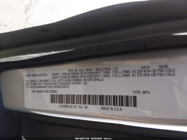 Aukcja sprzedaży 2006 Subaru Outback 2.5i, vin: 4S4BP61C367350833, numer aukcji: 46221130