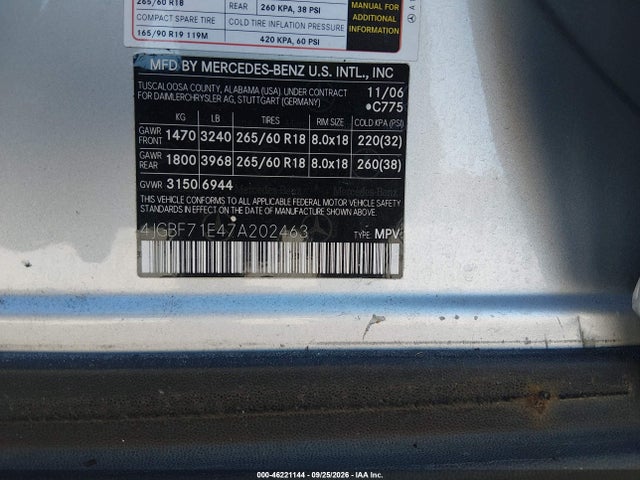 46221144 :رقم المزاد ، 4JGBF71E47A202463 vin ، 2007 Mercedes-benz Gl 450 4matic مزاد بيع