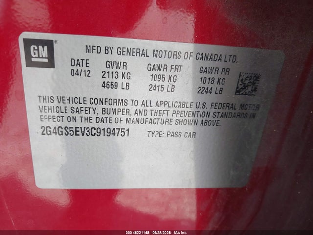 Продаж на аукціоні авто 2012 Buick Regal Turbo - Premium 1, vin: 2G4GS5EV3C9194751, номер лоту: 46221148
