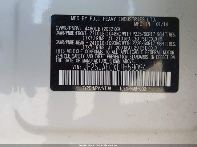 Aukcja sprzedaży 2014 Subaru Forester 2.5i Premium, vin: JF2SJAECXEH559094, numer aukcji: 46221149