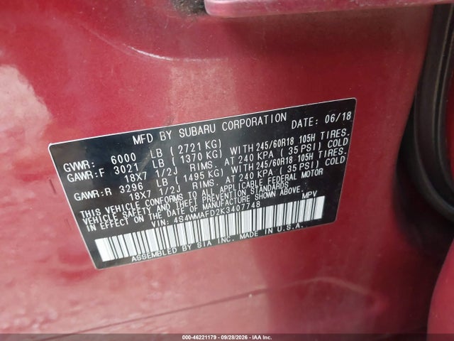 Aukcja sprzedaży 2019 Subaru Ascent Premium, vin: 4S4WMAFD2K3407748, numer aukcji: 46221179