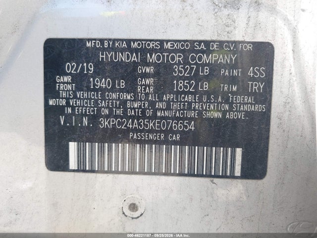 Aukcja sprzedaży 2019 Hyundai Accent Sel, vin: 3KPC24A35KE076654, numer aukcji: 46221187