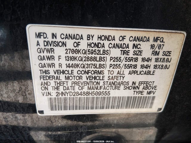 46221191 :رقم المزاد ، 2HNYD28488H509555 vin ، 2008 Acura Mdx Technology Package مزاد بيع