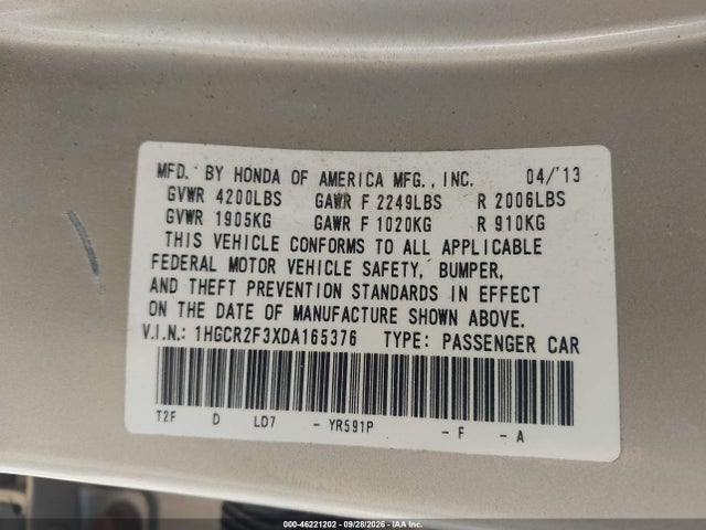 2013 Honda Accord Lx მანქანა იყიდება აუქციონზე, vin: 1HGCR2F3XDA165376, აუქციონის ნომერი: 46221202