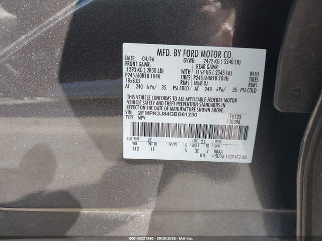 2016 Ford Edge Sel მანქანა იყიდება აუქციონზე, vin: 2FMPK3J84GBB61230, აუქციონის ნომერი: 46221240