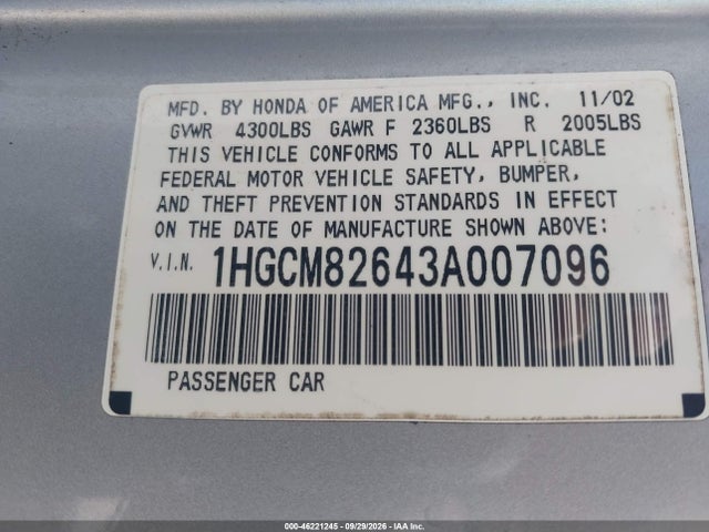 Aukcja sprzedaży 2003 Honda Accord 3.0 Ex, vin: 1HGCM82643A007096, numer aukcji: 46221245