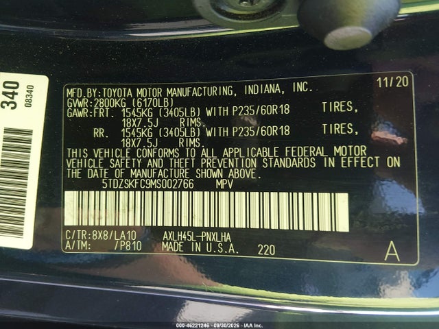 Продаж на аукціоні авто 2021 Toyota Sienna Limited, vin: 5TDZSKFC9MS002766, номер лоту: 46221246