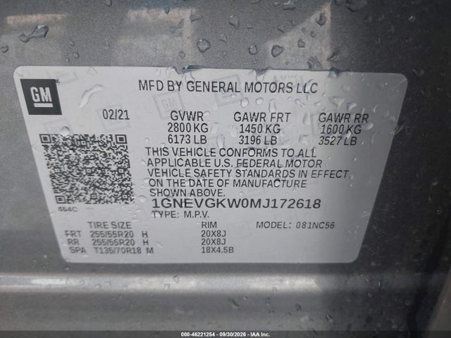 Aukcja sprzedaży 2021 Chevrolet Traverse Awd Lt Cloth, vin: 1GNEVGKW0MJ172618, numer aukcji: 46221254