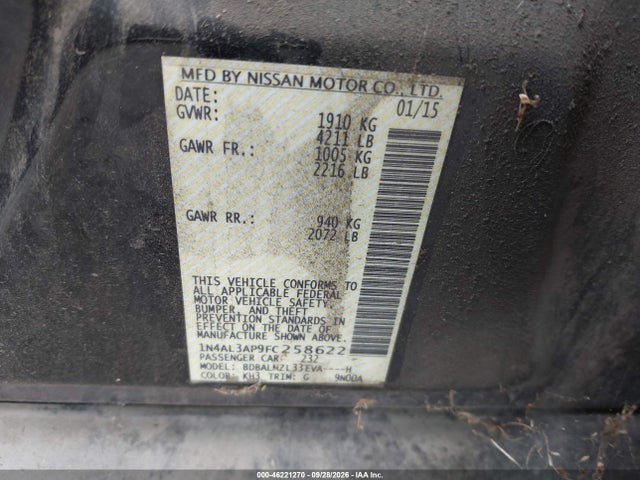 Продаж на аукціоні авто 2015 Nissan Altima 2.5 Sv, vin: 1N4AL3AP9FC258622, номер лоту: 46221270