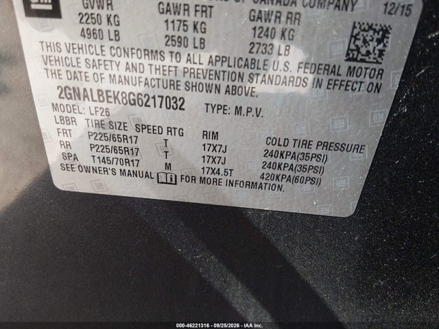 2016 Chevrolet Equinox Ls მანქანა იყიდება აუქციონზე, vin: 2GNALBEK8G6217032, აუქციონის ნომერი: 46221316