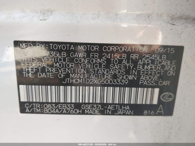 Aukcja sprzedaży 2016 Lexus Is 300, vin: JTHCM1D2XG5003339, numer aukcji: 46221355