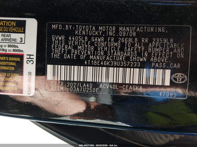 Aukcja sprzedaży 2009 Toyota Camry Xle, vin: 4T1BE46K39U357233, numer aukcji: 46221365