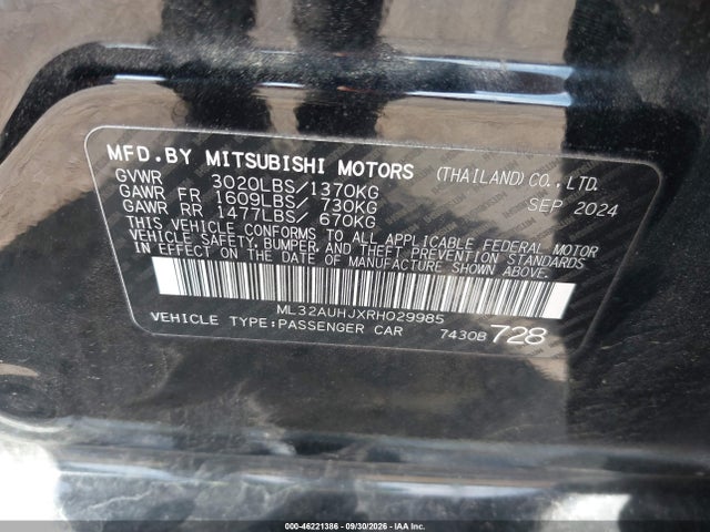 Aukcja sprzedaży 2024 Mitsubishi Mirage Es/le, vin: ML32AUHJXRH029985, numer aukcji: 46221386