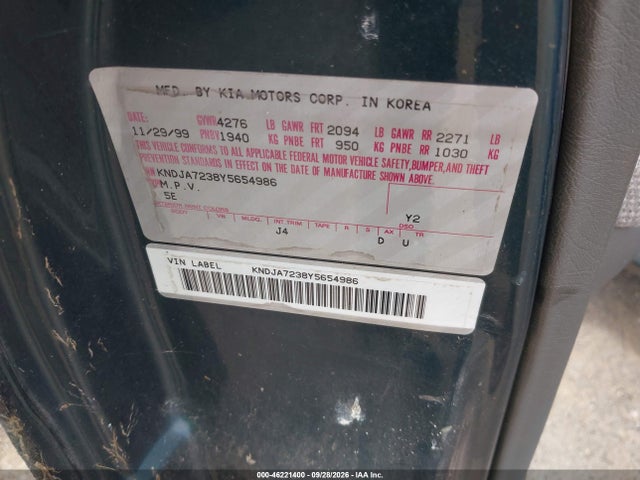 Aukcja sprzedaży 2000 Kia Sportage Ex, vin: KNDJA7238Y5654986, numer aukcji: 46221400