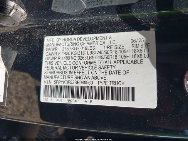 46221403 :رقم المزاد ، 5FPYK3F53SB040960 vin ، 2025 Honda Ridgeline Rtl مزاد بيع