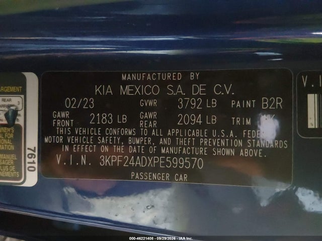 2023 Kia Forte Lxs მანქანა იყიდება აუქციონზე, vin: 3KPF24ADXPE599570, აუქციონის ნომერი: 46221408