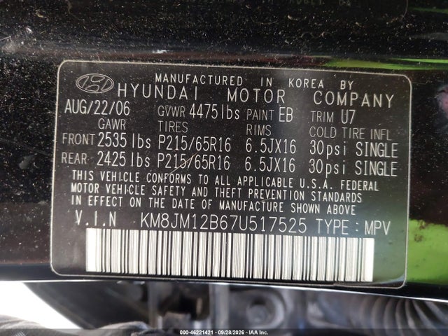 46221421 :رقم المزاد ، KM8JM12B67U517525 vin ، 2007 Hyundai Tucson Gls مزاد بيع
