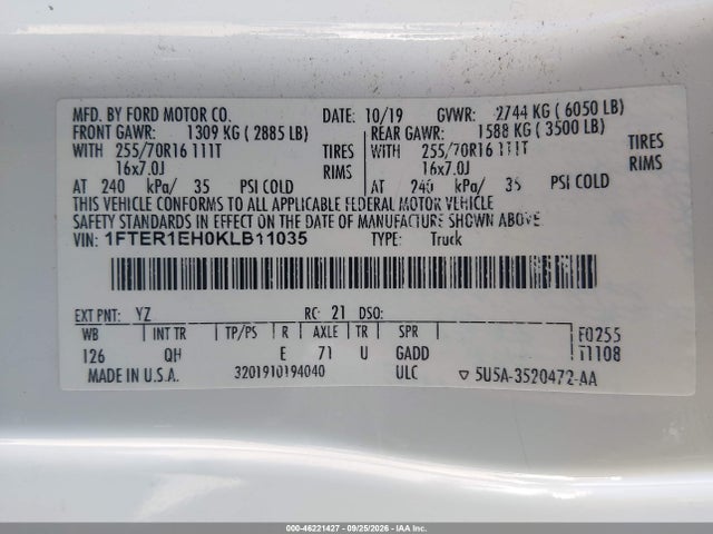 46221427 :رقم المزاد ، 1FTER1EH0KLB11035 vin ، 2019 Ford Ranger Xl مزاد بيع