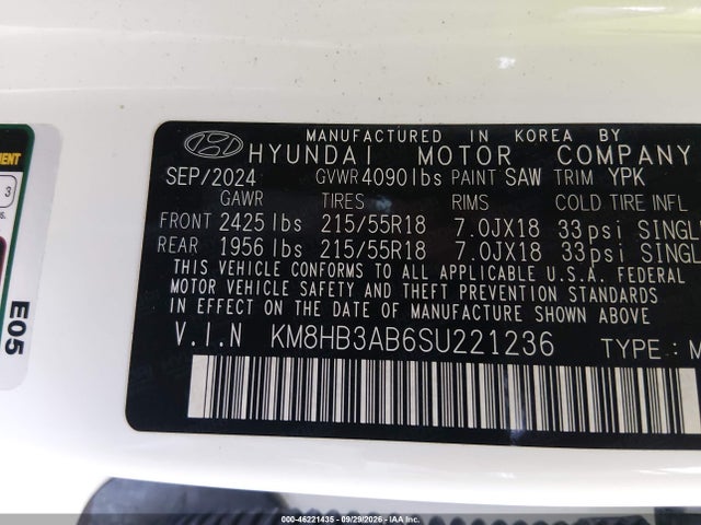 46221435 :رقم المزاد ، KM8HB3AB6SU221236 vin ، 2025 Hyundai Kona Sel مزاد بيع
