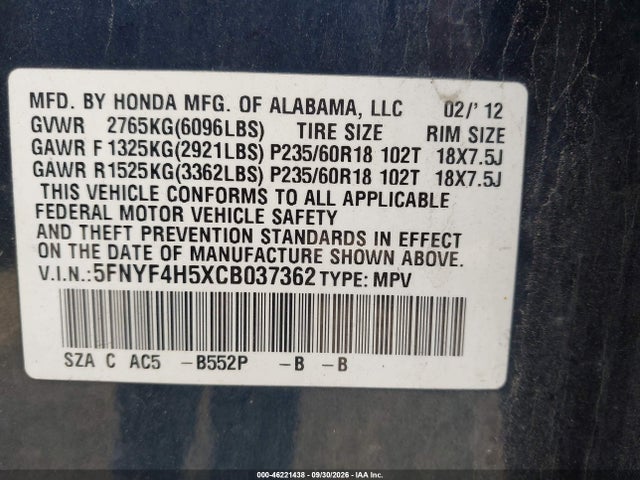 Продаж на аукціоні авто 2012 Honda Pilot Ex-l, vin: 5FNYF4H5XCB037362, номер лоту: 46221438