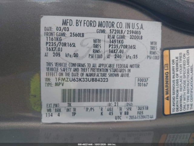 Aukcja sprzedaży 2003 Ford Explorer Nbx/xlt, vin: 1FMZU63K33UB84323, numer aukcji: 46221446