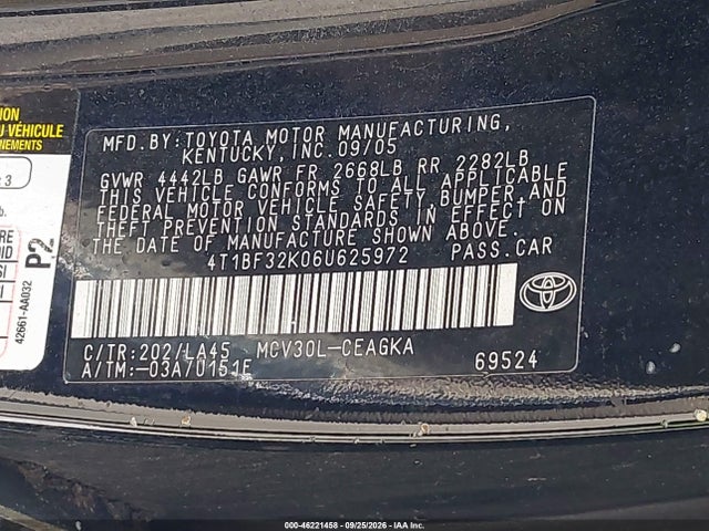46221458 :رقم المزاد ، 4T1BF32K06U625972 vin ، 2006 Toyota Camry Xle V6 مزاد بيع