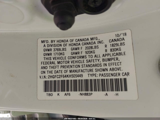 46221463 :رقم المزاد ، 2HGFC2F64KH505449 vin ، 2019 Honda Civic Lx مزاد بيع