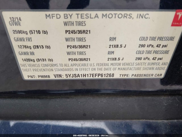 Aukcja sprzedaży 2014 Tesla Model S P85, vin: 5YJSA1H17EFP61268, numer aukcji: 46221502