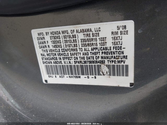 Продажа на аукционе авто 2008 Honda Odyssey Ex-l, vin: 5FNRL38758B084282, номер лота: 46221503