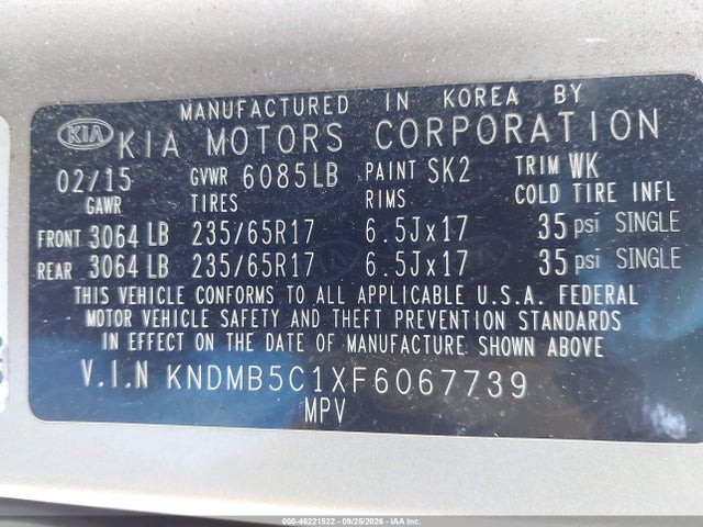 Aukcja sprzedaży 2015 Kia Sedona Lx, vin: KNDMB5C1XF6067739, numer aukcji: 46221522
