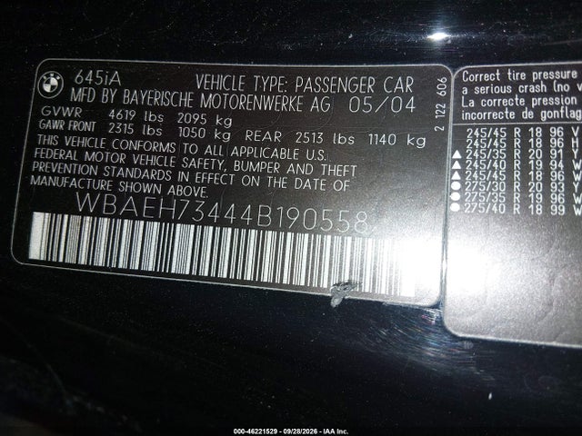 46221529 :رقم المزاد ، WBAEH73444B190558 vin ، 2004 Bmw 645ci مزاد بيع