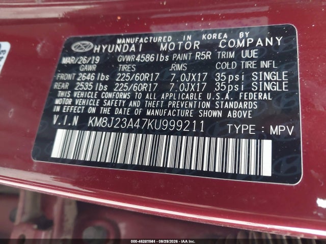 Продажа на аукционе авто 2019 Hyundai Tucson Se, vin: KM8J23A47KU999211, номер лота: 46221541