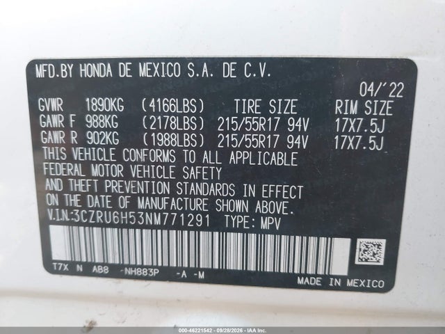 Aukcja sprzedaży 2022 Honda Hr-v Awd Ex, vin: 3CZRU6H53NM771291, numer aukcji: 46221542