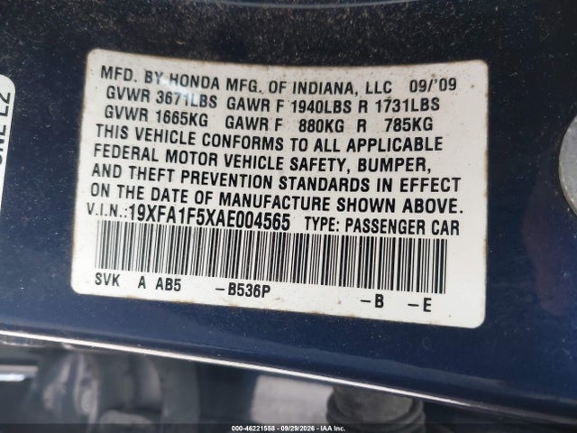 Aukcja sprzedaży 2010 Honda Civic Lx, vin: 19XFA1F5XAE004565, numer aukcji: 46221558