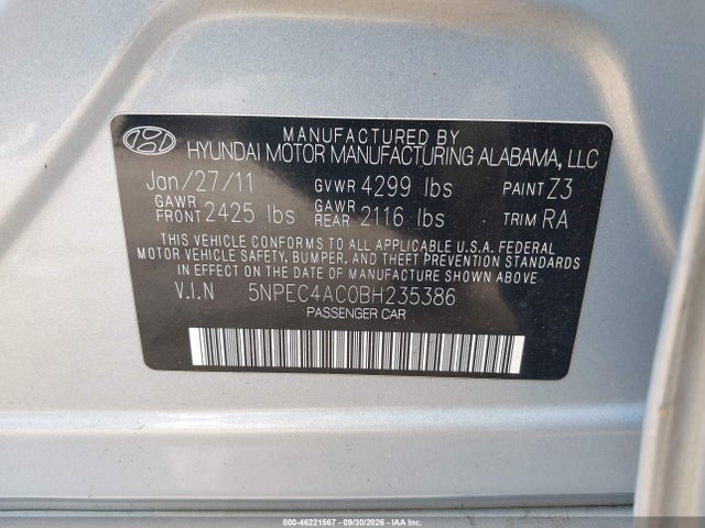 Aukcja sprzedaży 2011 Hyundai Sonata Limited, vin: 5NPEC4AC0BH235386, numer aukcji: 46221567