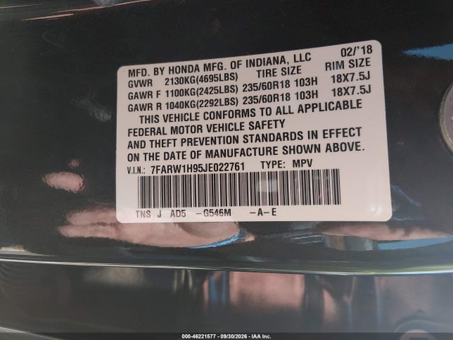 2018 Honda Cr-v Touring მანქანა იყიდება აუქციონზე, vin: 7FARW1H95JE022761, აუქციონის ნომერი: 46221577