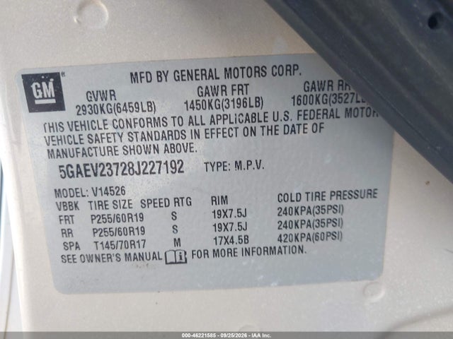 Aukcja sprzedaży 2008 Buick Enclave Cxl, vin: 5GAEV23728J227192, numer aukcji: 46221585