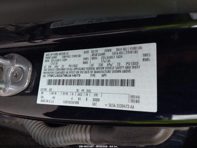 Продажа на аукционе авто 2021 Ford Escape Se, vin: 1FMCU9G67MUA14679, номер лота: 46221587