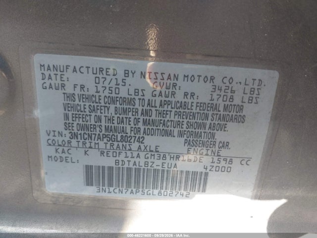 46221600 :رقم المزاد ، 3N1CN7AP5GL802742 vin ، 2016 Nissan Versa 1.6 S/1.6 S+/1.6 Sl/1.6 Sv مزاد بيع