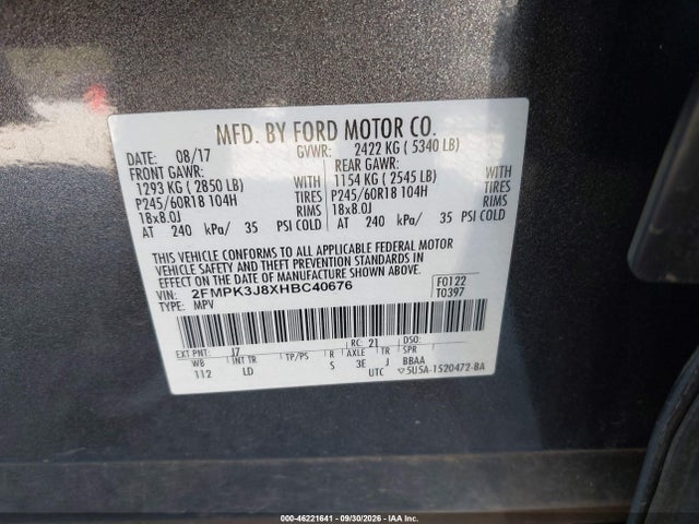 46221641 :رقم المزاد ، 2FMPK3J8XHBC40676 vin ، 2017 Ford Edge Sel مزاد بيع